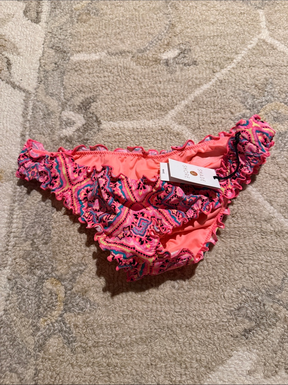 Shade & Shore Coral Pink Ruffle Bikini Bottoms with Multicolor Trim